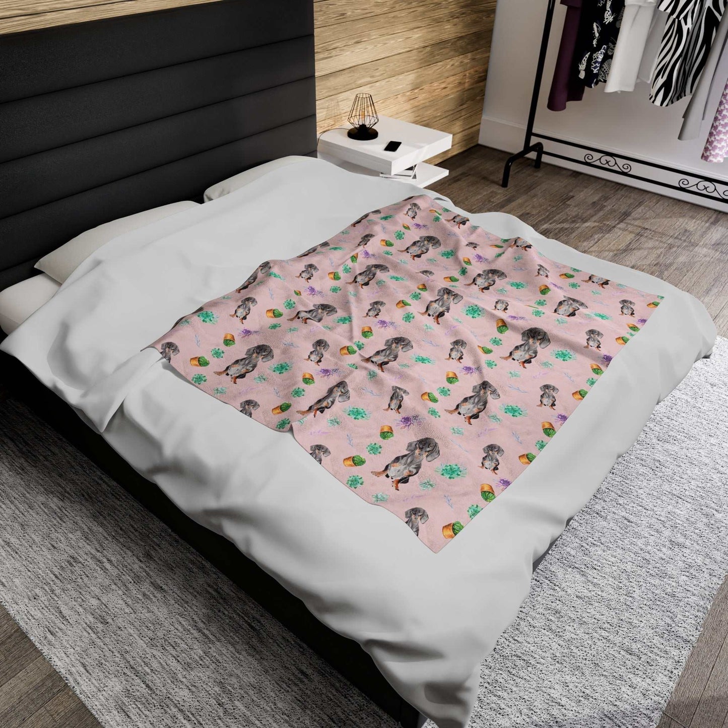 personalized dog blanket in pink with a Dachshund print