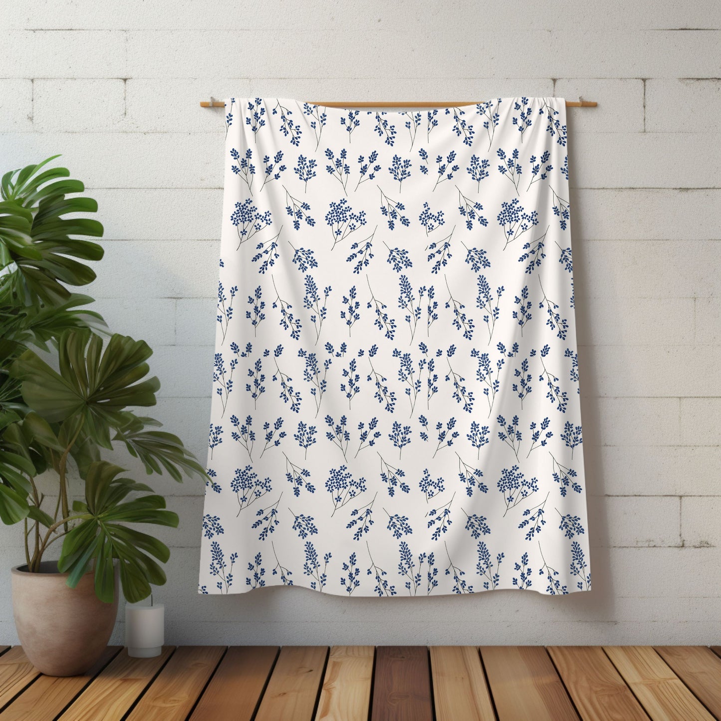 Navy Blue and White Wildflower Fleece Pet Blanket