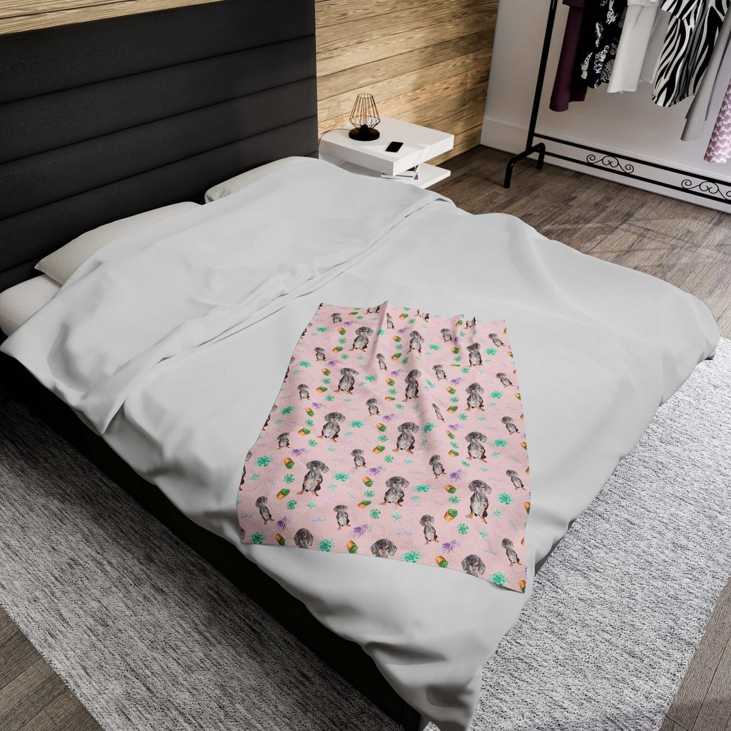 personalized dog blanket in pink with a Dachshund print