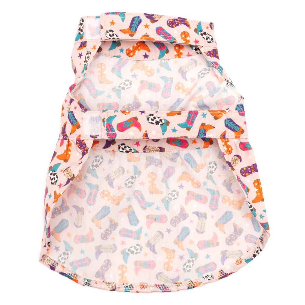 dress for dogs with colourful cowboy boots printed on it