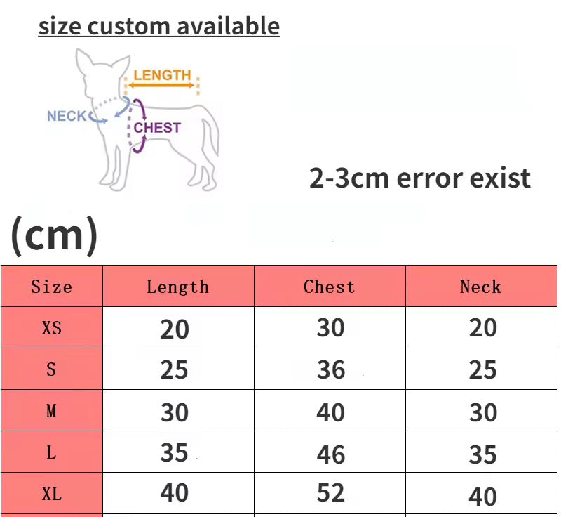 Size chart for dog clothing with measurements in centimeters