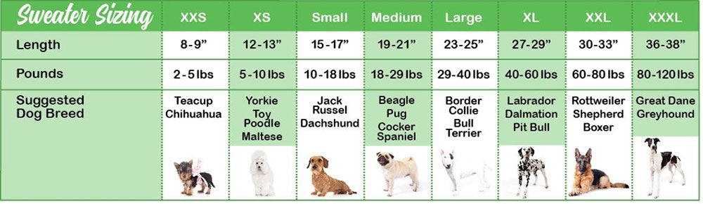 Size chart for chilly dog sweaters