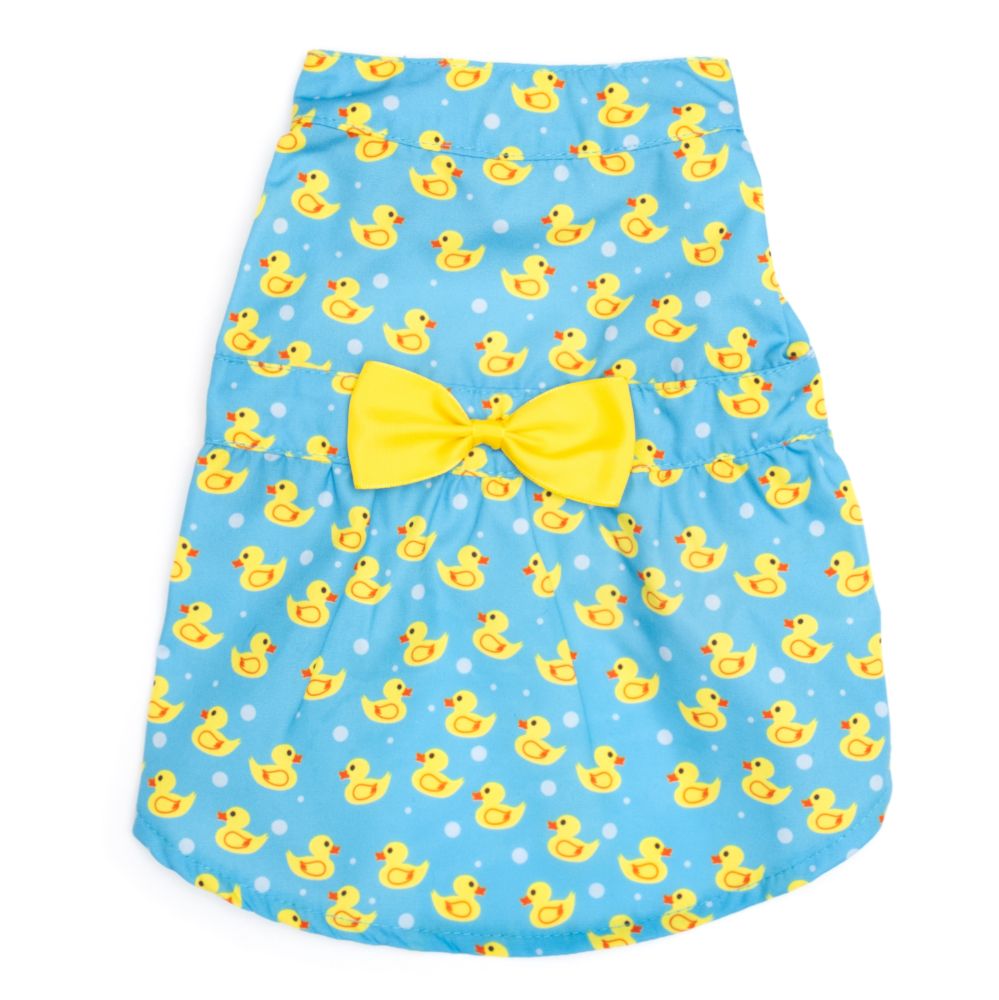 Blue pet dress with yellow rubber duck pattern and a yellow bow on a white background