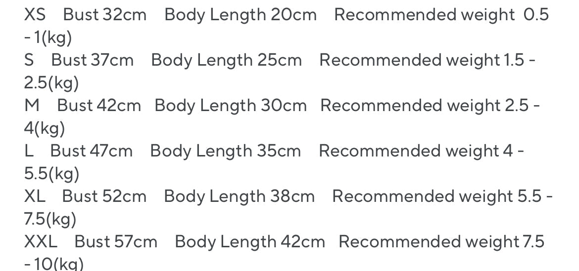 Size chart for clothing with bust, body length, and recommended weight measurements.