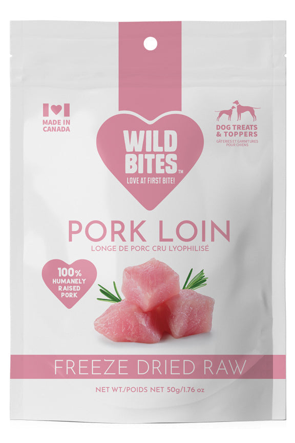 Package of Wild Bites Pork Loin dog treats on a white background
