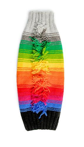 Hand knit rainbow coloured dog sweater with fringe along the back