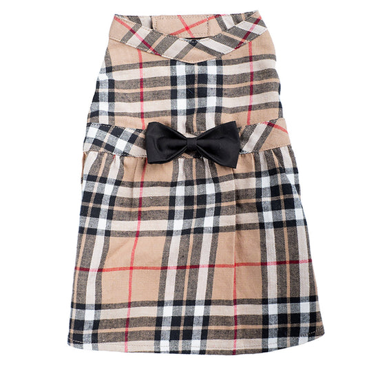 tan plaid dress for dog with black bow