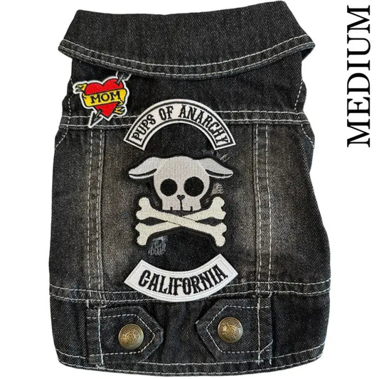 Black Denim Dog Vest with Skull Patches