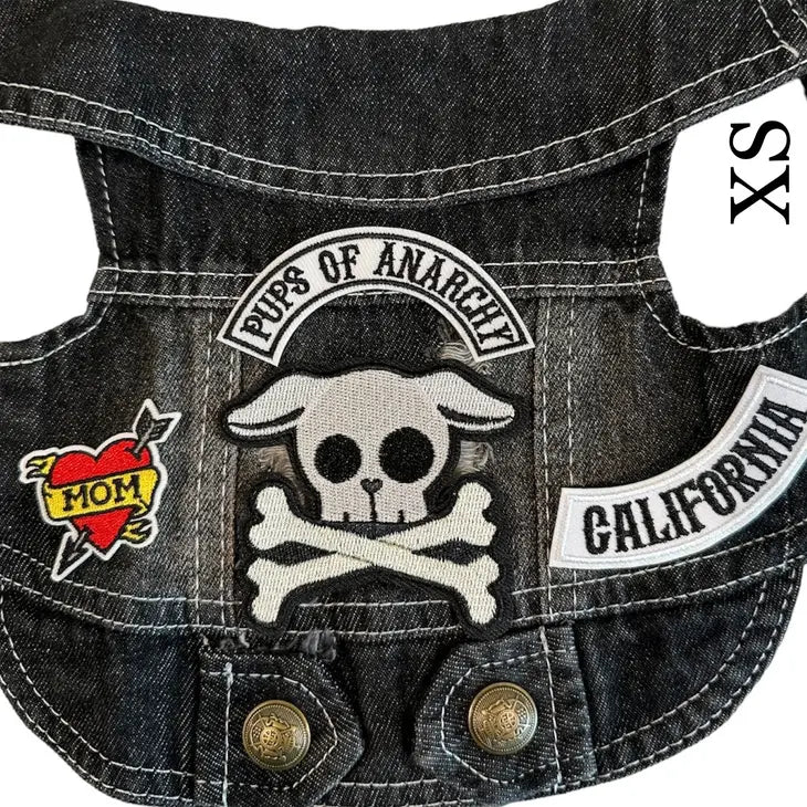 Black Denim Dog Vest with Skull Patches