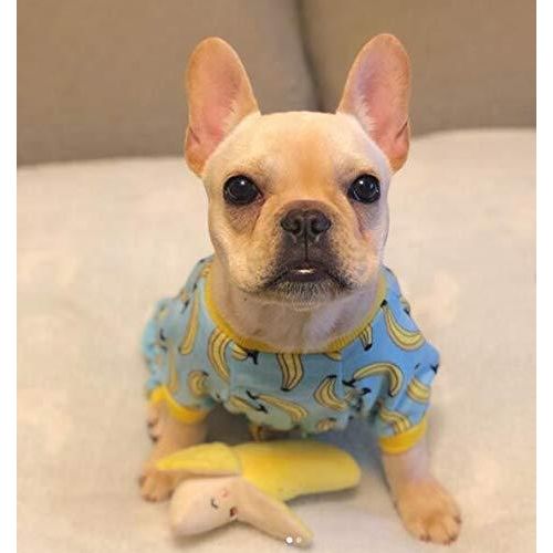 Dog wearing a blue pajama with banana pattern on a white surface