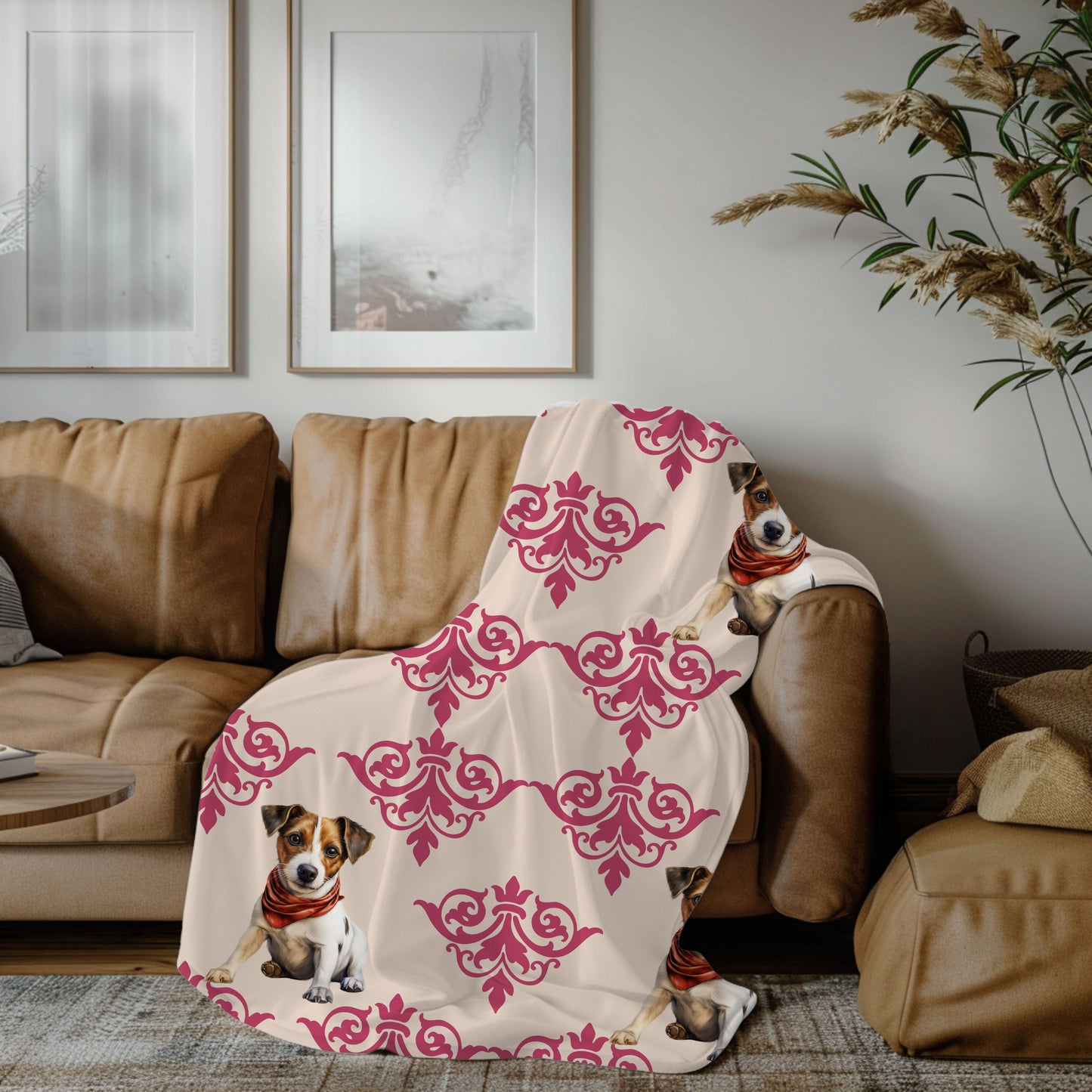 decorative pink and white blanket featuring a dog's face.