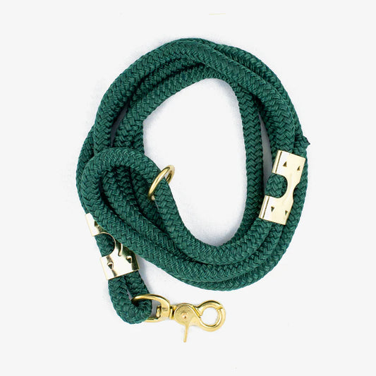 Green rope dog leash with gold hardware on a white background