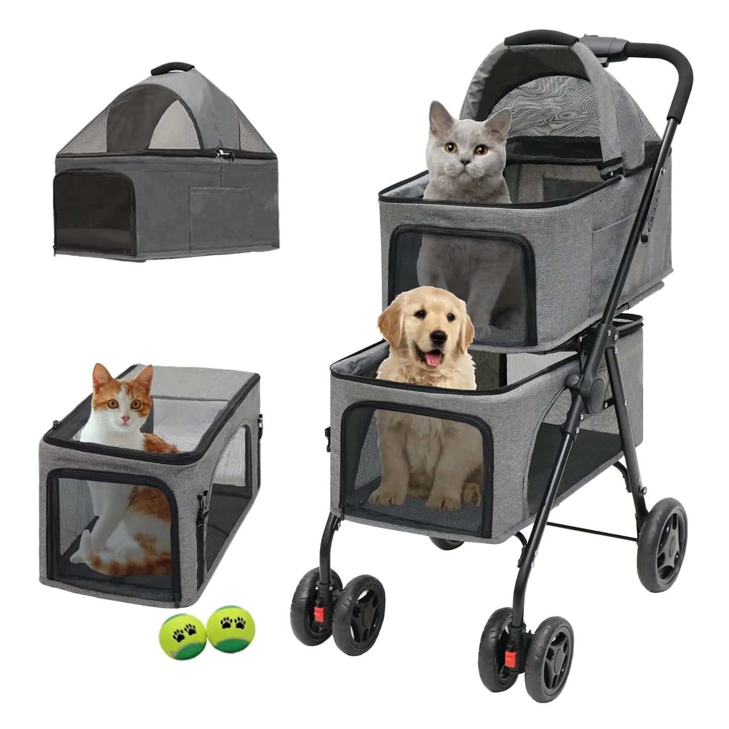 Double pet Stroller with Two Detachable pet Carriers