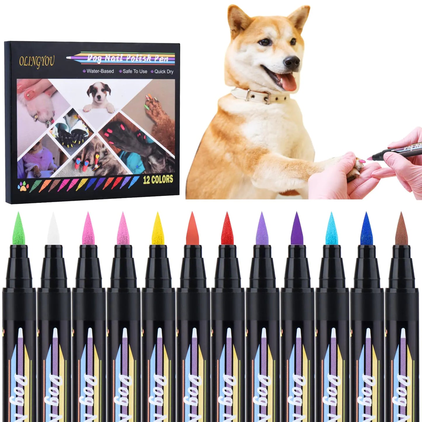 Set of Oliyou pet safe nail polish markers with a dog and a hand holding a marker in the background