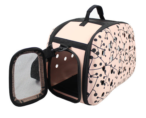 soft shell Pet carrier with floral pattern on a white background