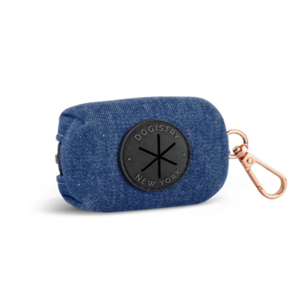 Blue pouch with a black logo and rose gold clasp on a white background