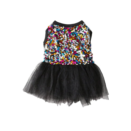 Dog dress with multicolored sequins and black tulle skirt on a white background