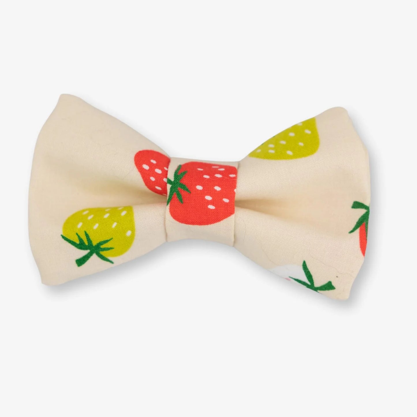 Cream bow tie with strawberry pattern on a white background