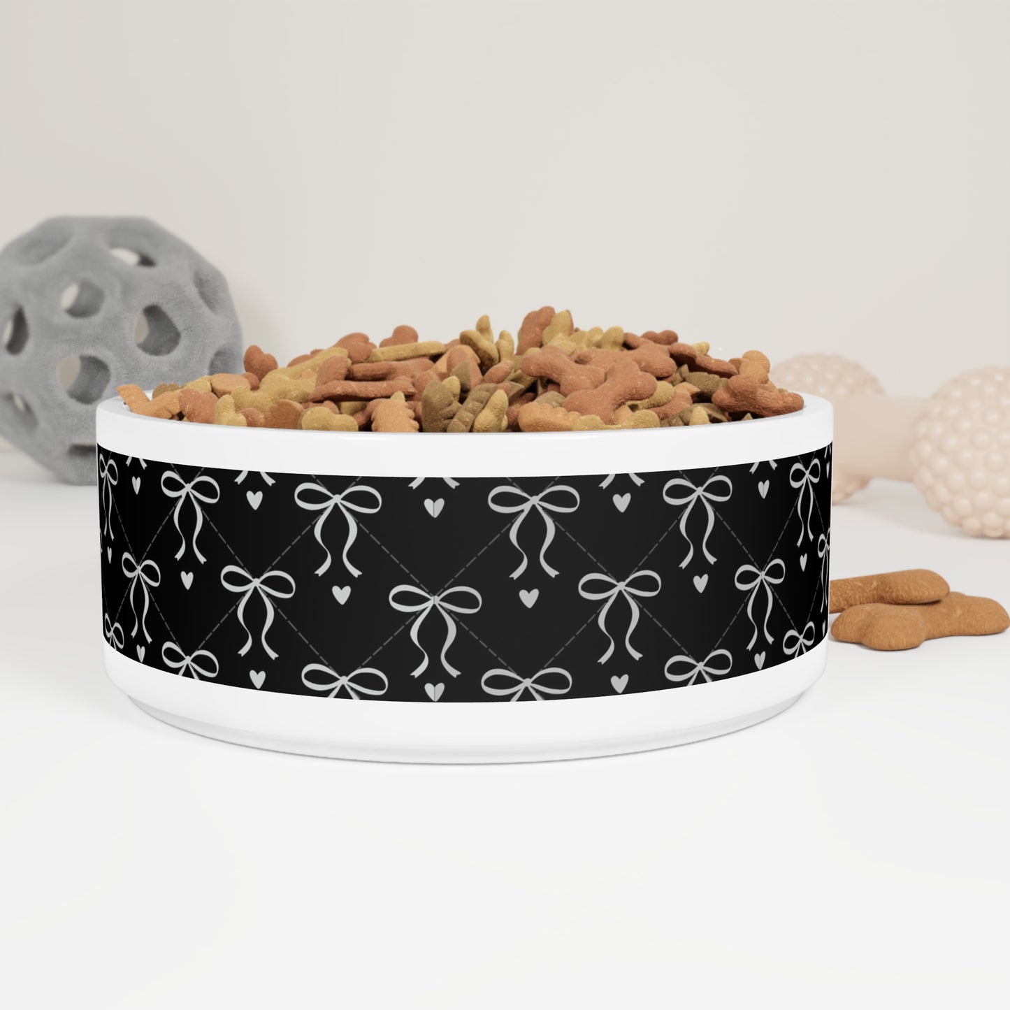 Black Bow Pattern Pet Bowl — Elegant Coquette Bow & Heart Ceramic Dog and Cat Bowl