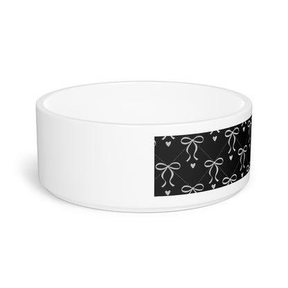 Black Bow Pattern Pet Bowl — Elegant Coquette Bow & Heart Ceramic Dog and Cat Bowl