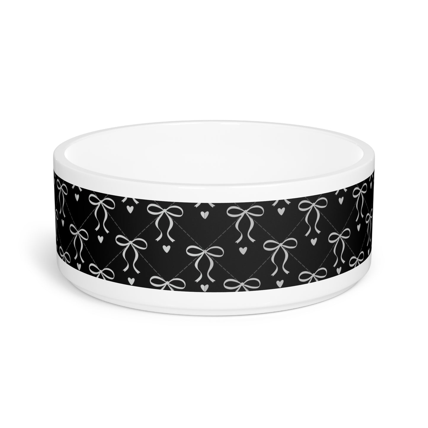 Black Bow Pattern Pet Bowl — Elegant Coquette Bow & Heart Ceramic Dog and Cat Bowl