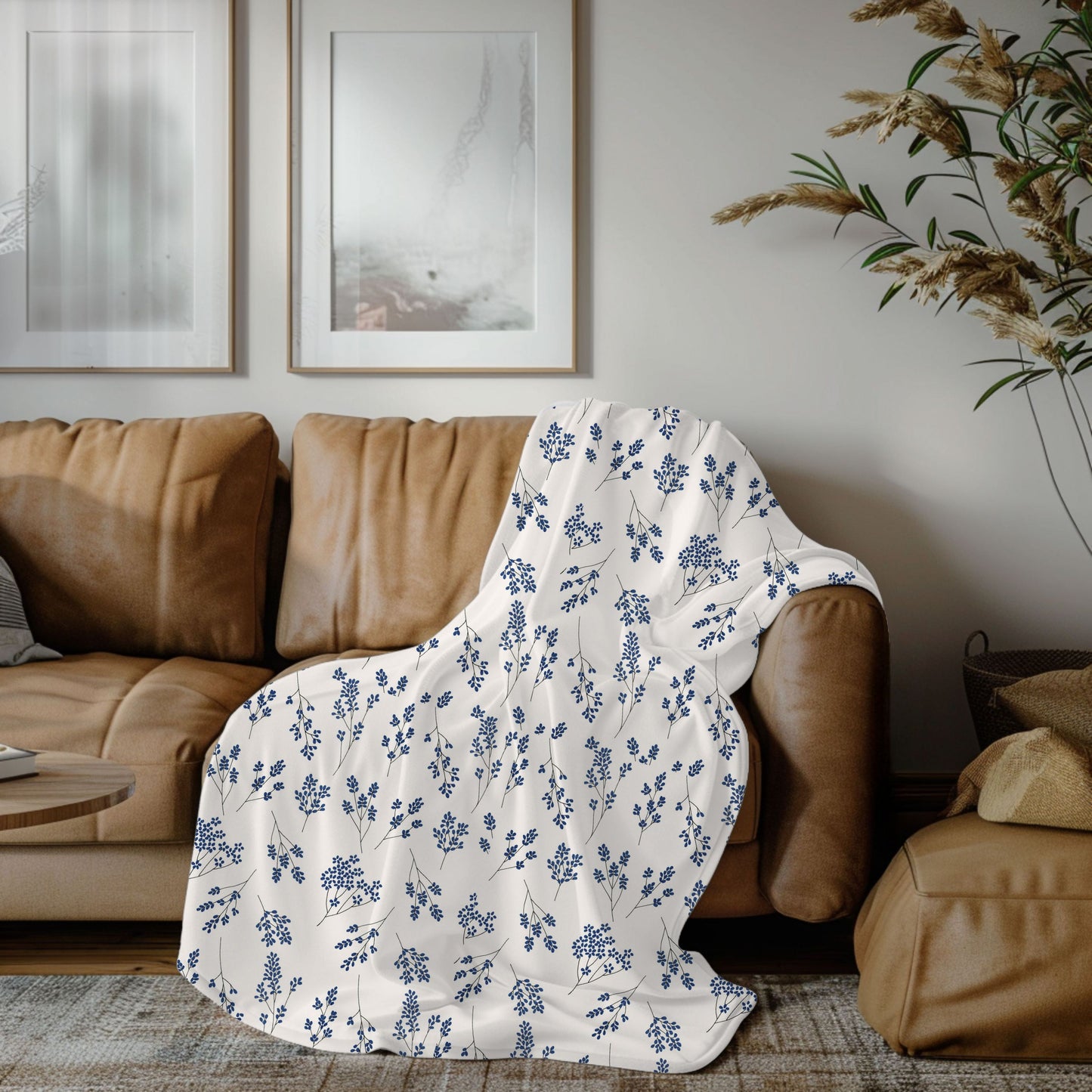 Navy Blue and White Wildflower Fleece Pet Blanket