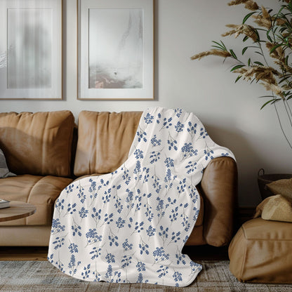 Navy Blue and White Wildflower Fleece Pet Blanket