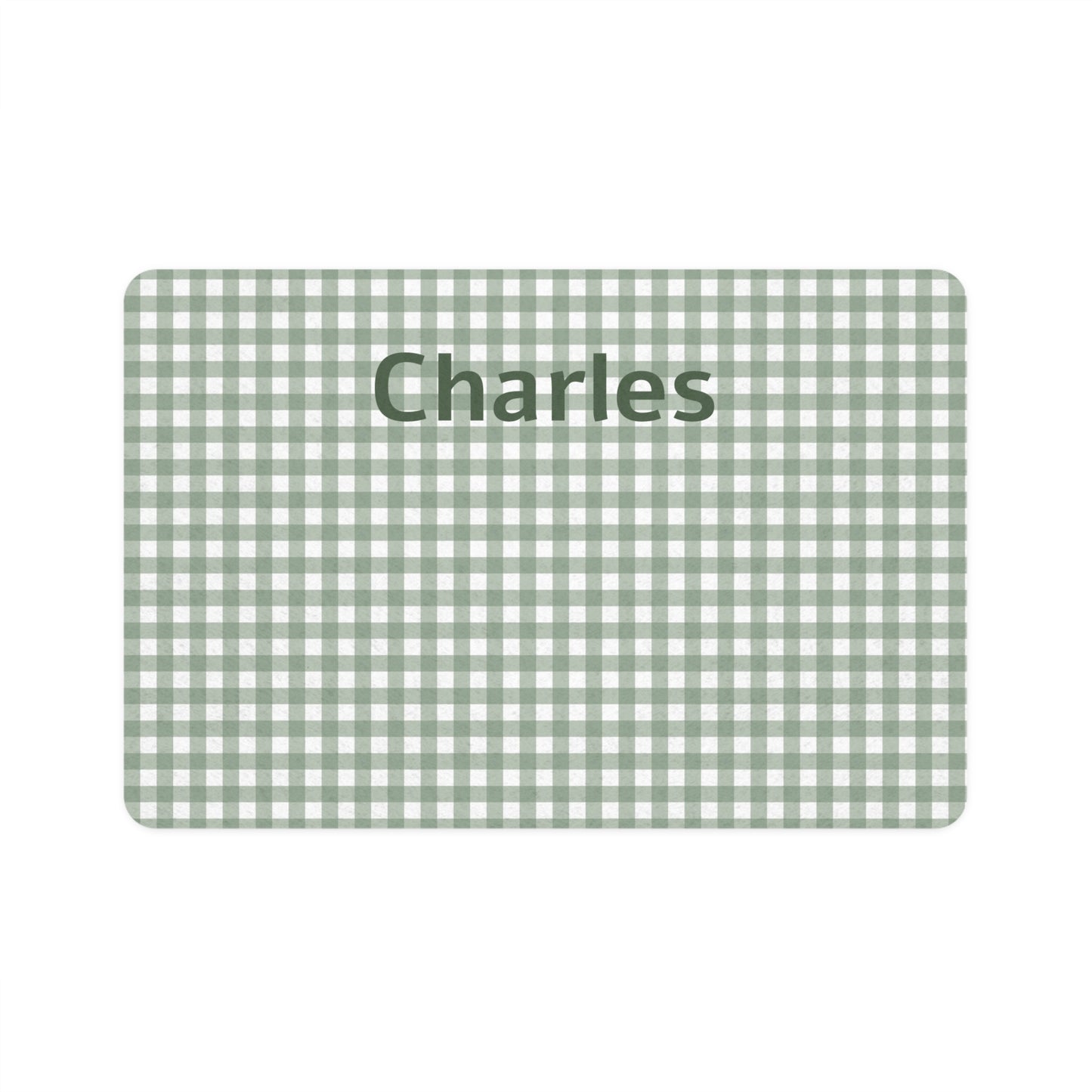 Personalized Pet Food Mat (12x18) — Sage Green Gingham Pattern with Custom Name