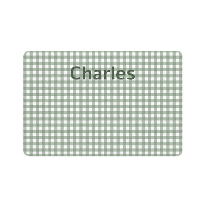 Personalized Pet Food Mat (12x18) — Sage Green Gingham Pattern with Custom Name