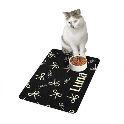 Personalized Pet Food Mat (12x18) — Black Bow Pattern with Custom Name