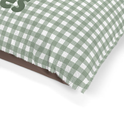 Sage Green Gingham Plush Pet Bed — Cozy Green Check Bed for Dogs & Cats