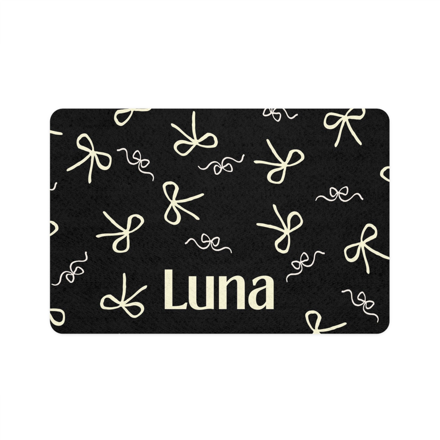 Personalized Pet Food Mat (12x18) — Black Bow Pattern with Custom Name