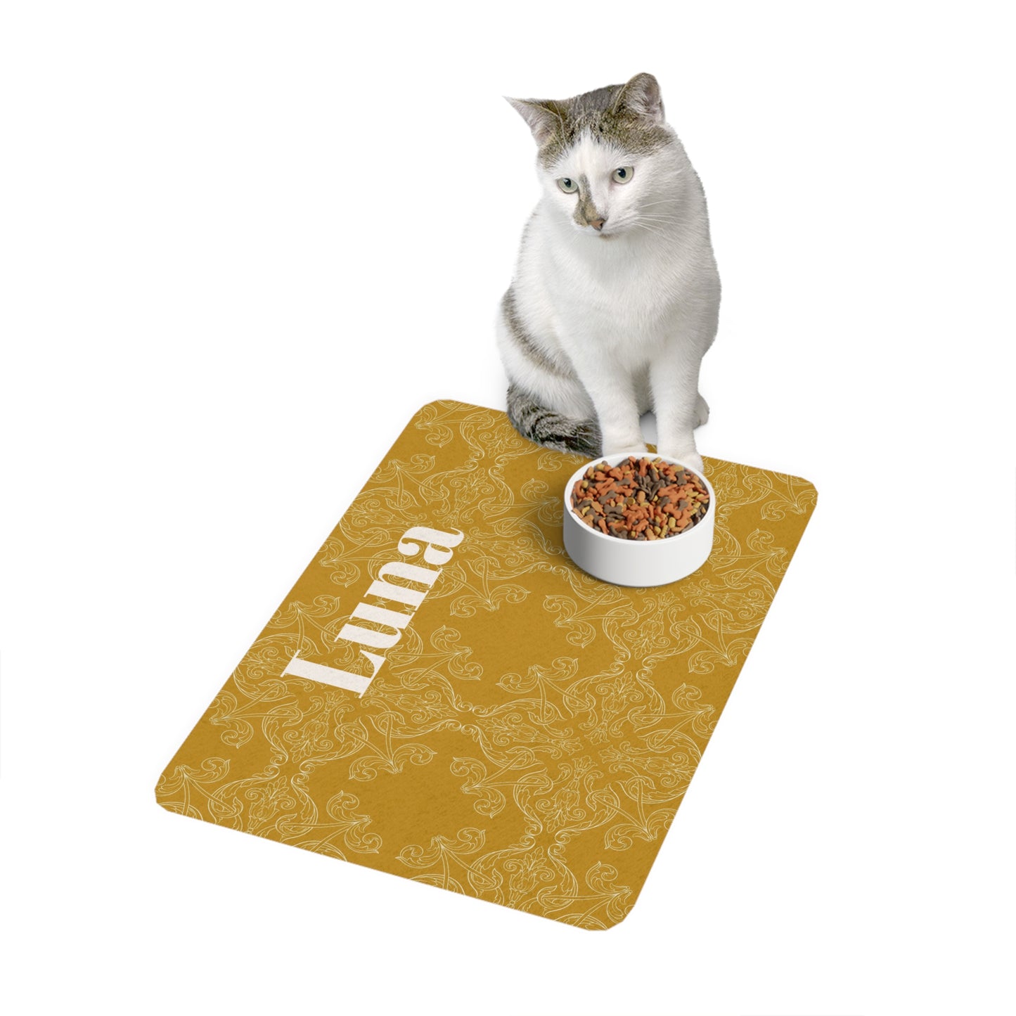 Personalized Pet Food Mat (12x18) — Gold Damask Pattern with Custom Name