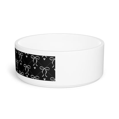 Black Bow Pattern Pet Bowl — Elegant Coquette Bow & Heart Ceramic Dog and Cat Bowl