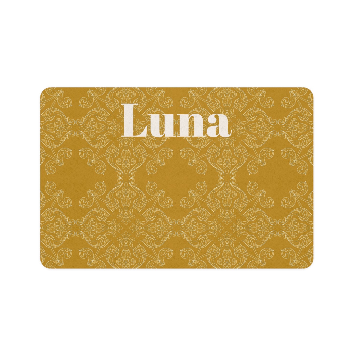 Personalized Pet Food Mat (12x18) — Gold Damask Pattern with Custom Name