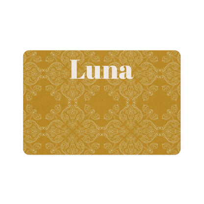 Personalized Pet Food Mat (12x18) — Gold Damask Pattern with Custom Name