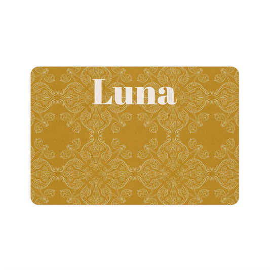 Personalized Pet Food Mat (12x18) — Gold Damask Pattern with Custom Name