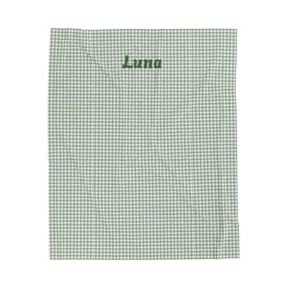 Personalized Gingham Velveteen Plush Blanket — Custom Name Cozy Throw