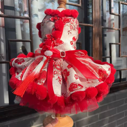Lucky Bloom Chinese New Year Dog Dress | Red & Gold Pom-Trim Cheongsam Style