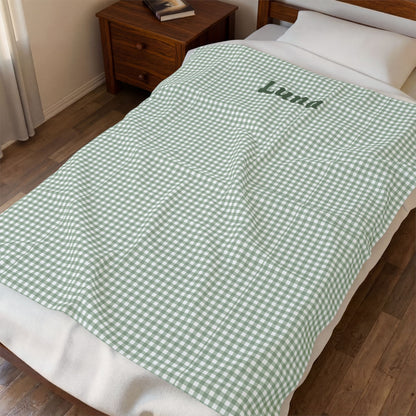 Personalized Gingham Velveteen Plush Blanket — Custom Name Cozy Throw