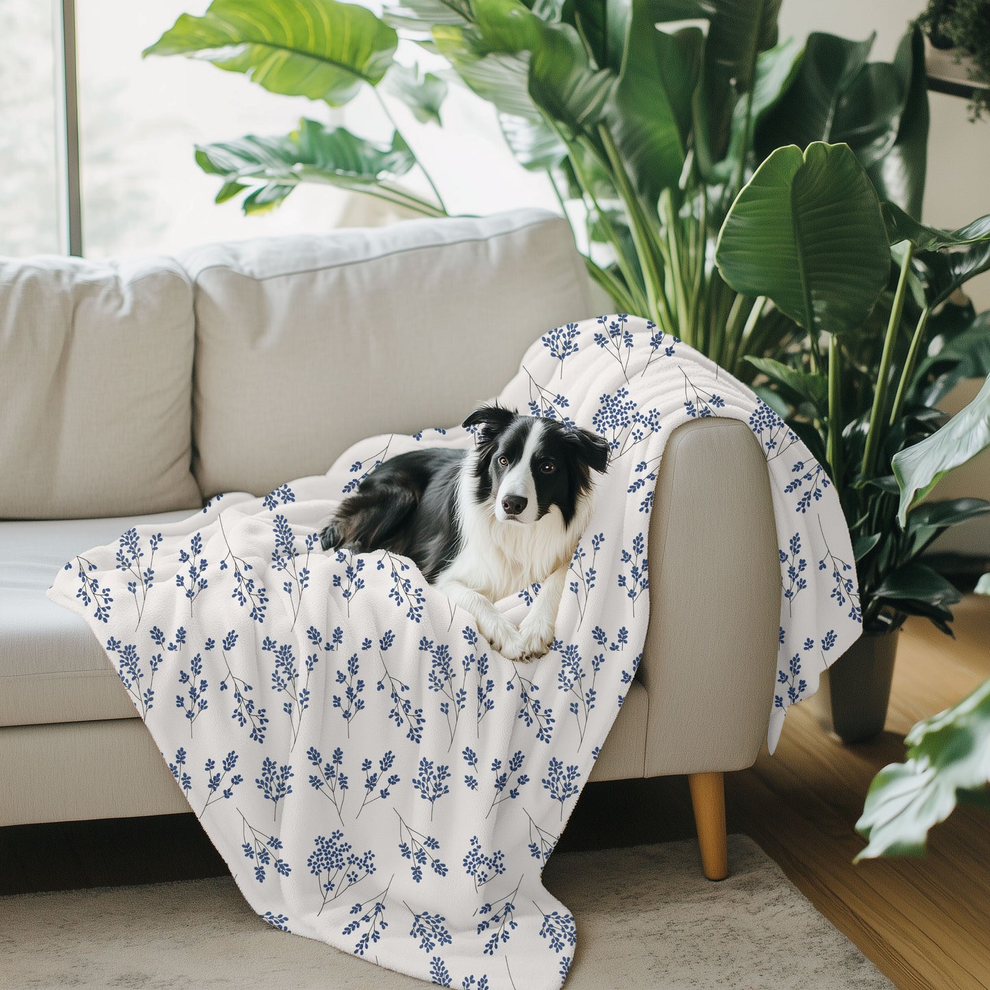 Navy Blue and White Wildflower Fleece Pet Blanket