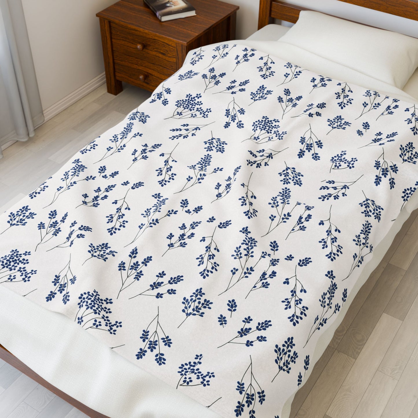 Navy Blue and White Wildflower Fleece Pet Blanket