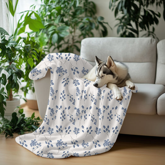 Navy Blue and White Wildflower Fleece Pet Blanket