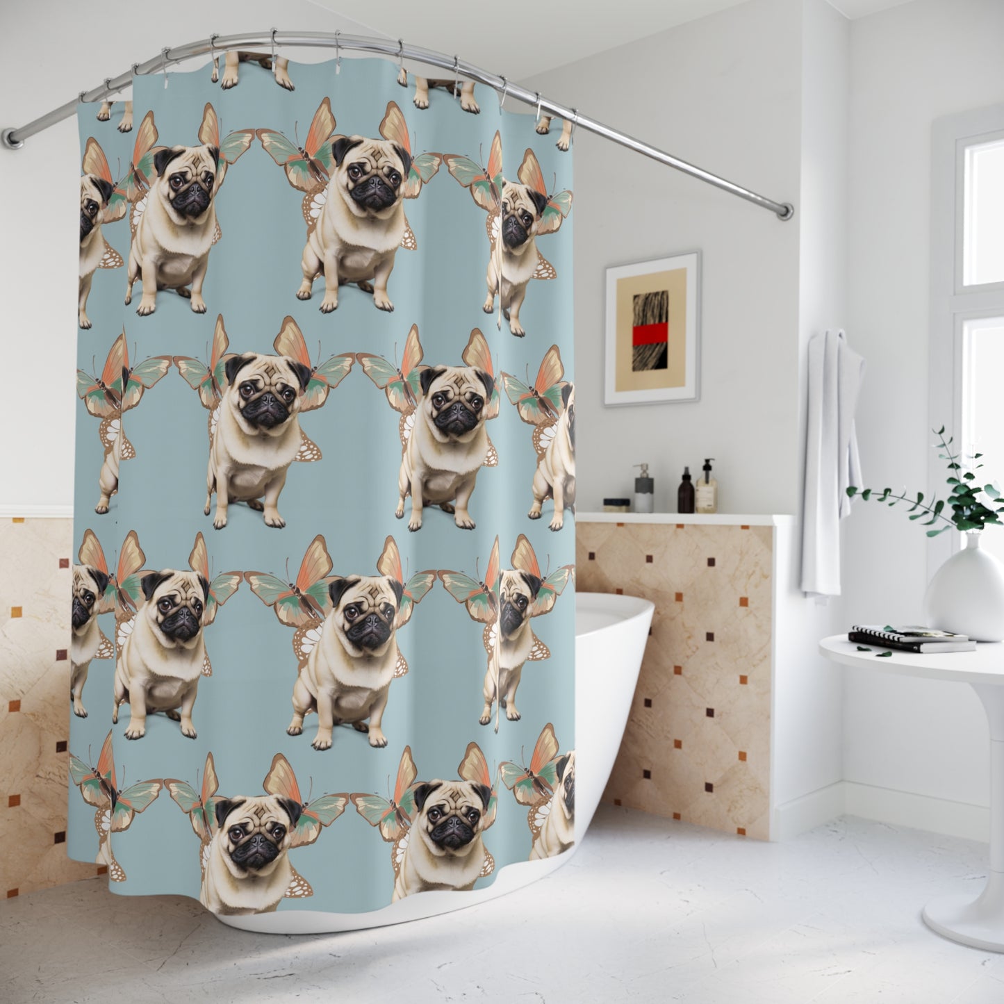 Pug Dog Shower Curtain, Cute Pet Decor, Dog Bathroom Decor, Dog Lover Gift, Pet Home Decoration, Pug Bathroom