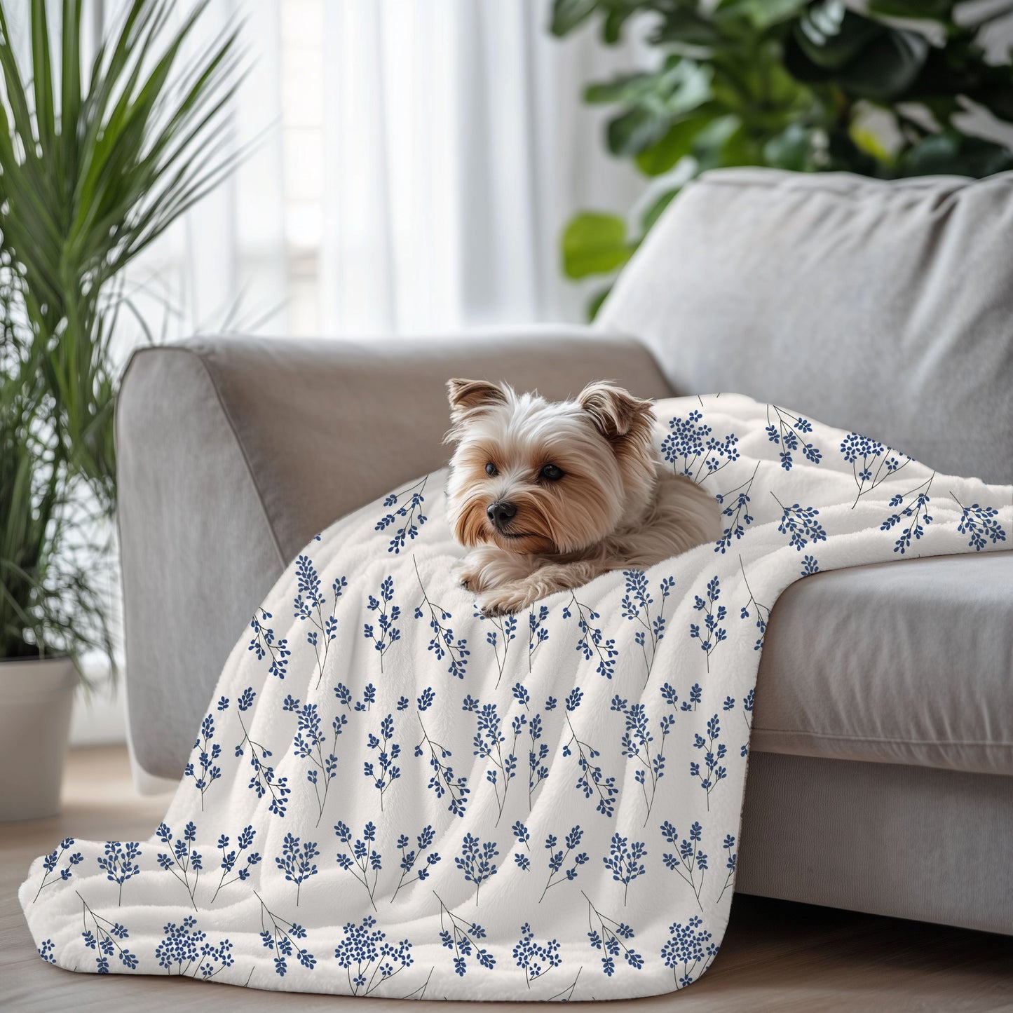 Navy Blue and White Wildflower Fleece Pet Blanket