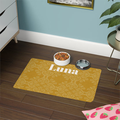 Personalized Pet Food Mat (12x18) — Gold Damask Pattern with Custom Name