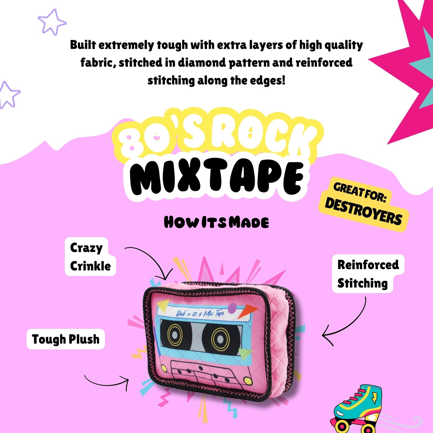 Pink mixtape-shaped pouch with text about its construction on a pink background