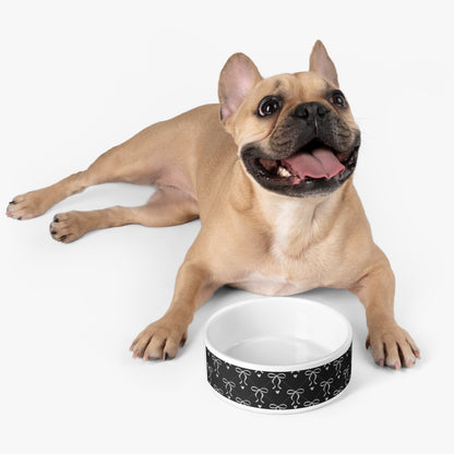 Black Bow Pattern Pet Bowl — Elegant Coquette Bow & Heart Ceramic Dog and Cat Bowl