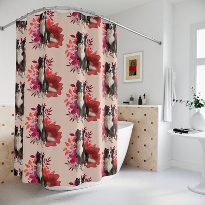 solft pink shower curtain with red flowers and a black and white collie dog