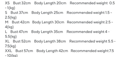 Size chart for clothing with bust, body length, and recommended weight measurements.
